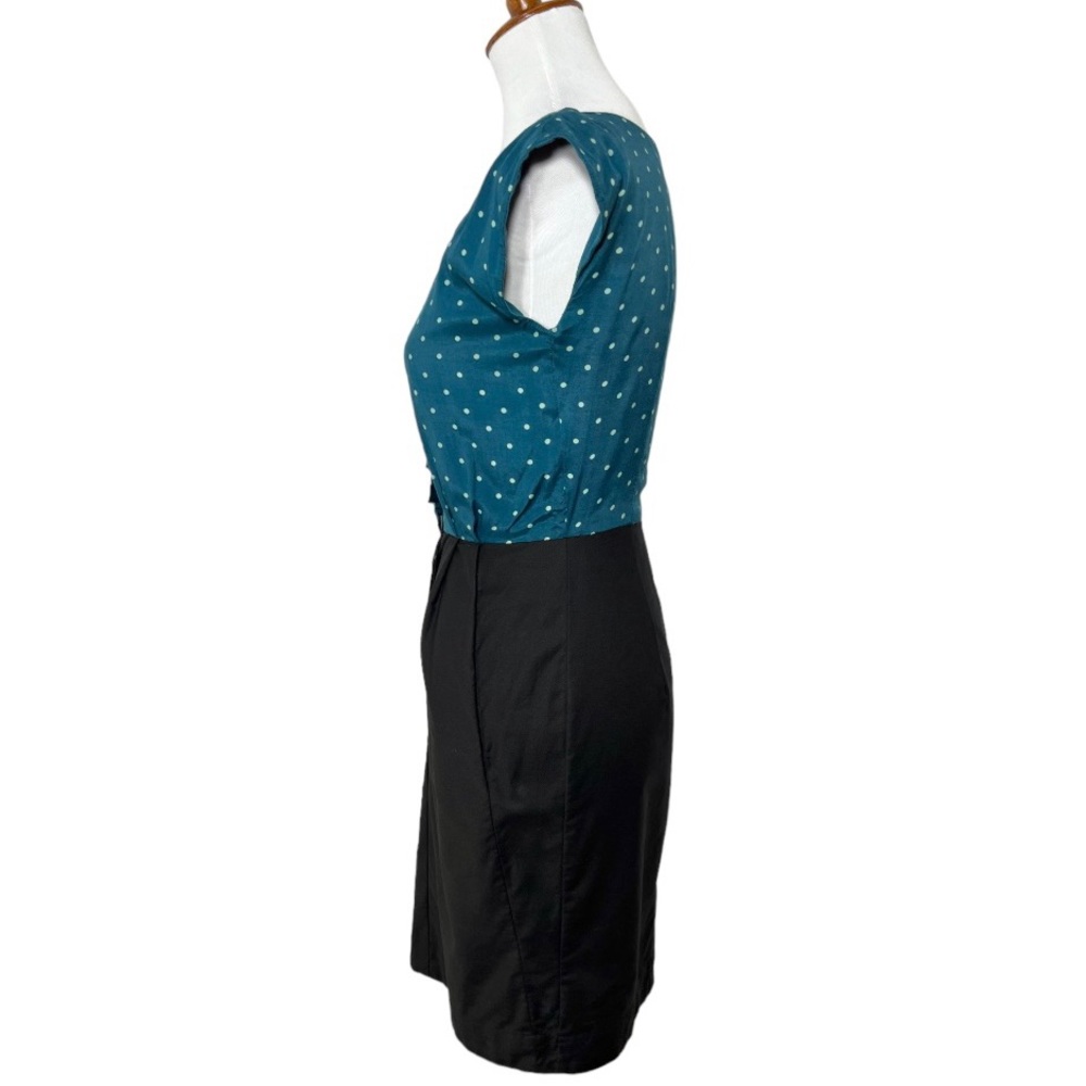 Modcloth Emily and Fin Teal Polka Dot Black Retro Cap Sleeve Sheath Dress - Picture 7 of 11